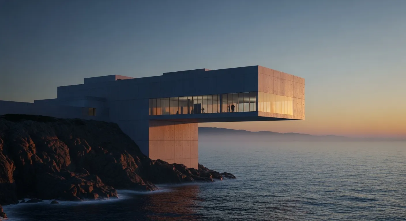 A monolithic concrete museum cantilevered over a coastal cliff at twilight, with a glass facade reflecting the last gold of sunset