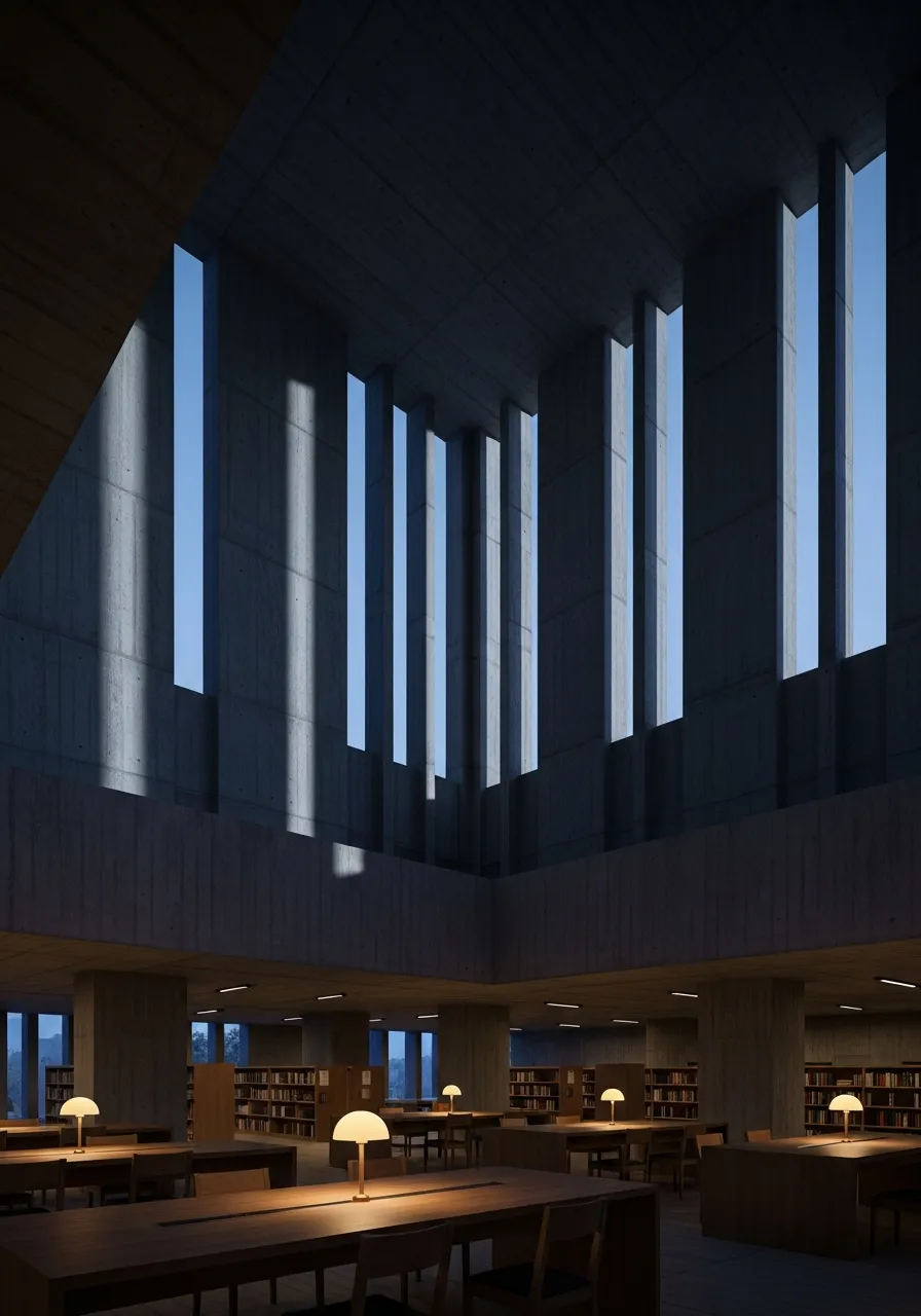 A double-height brutalist library reading hall with raw concrete walls and tall narrow windows admitting cold dusk light
