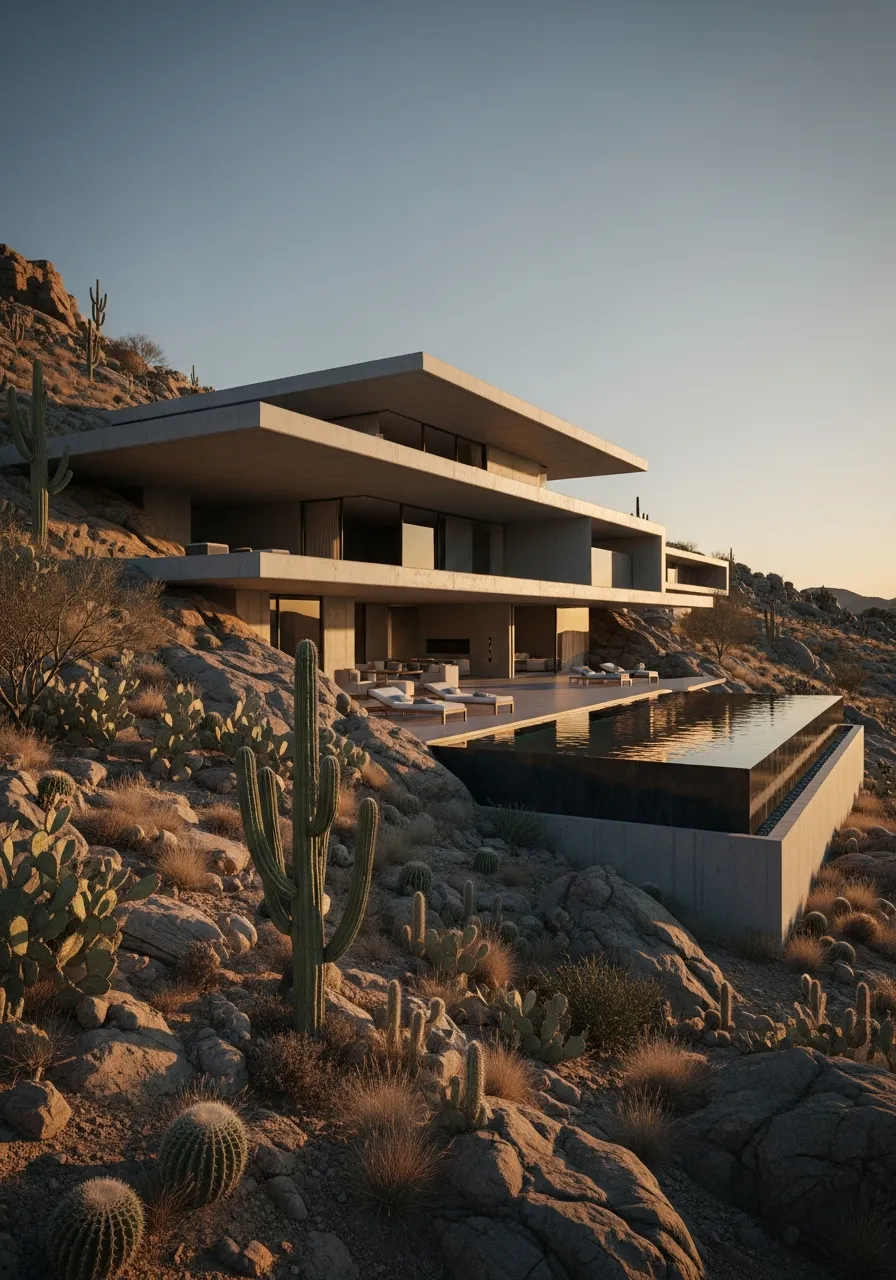 A modernist desert residence with horizontal cantilevered concrete volumes set into a rocky hillside at golden hour, with an infinity pool reflecting the sky